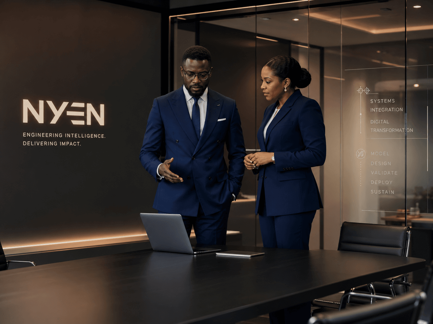 Two NYEN leaders reviewing a system rollout in the NYEN office